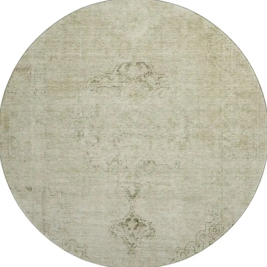 8' Beige And Brown Oriental Washable Round Rug With UV Protection Photo 1