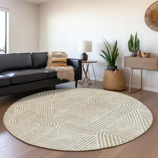 8' Beige And Brown Round Abstract Washable Indoor Outdoor Area Rug Photo 8
