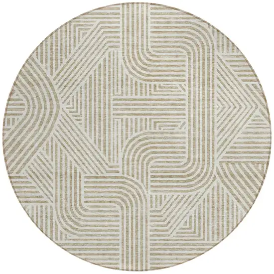 8' Beige And Brown Round Abstract Washable Indoor Outdoor Area Rug Photo 6