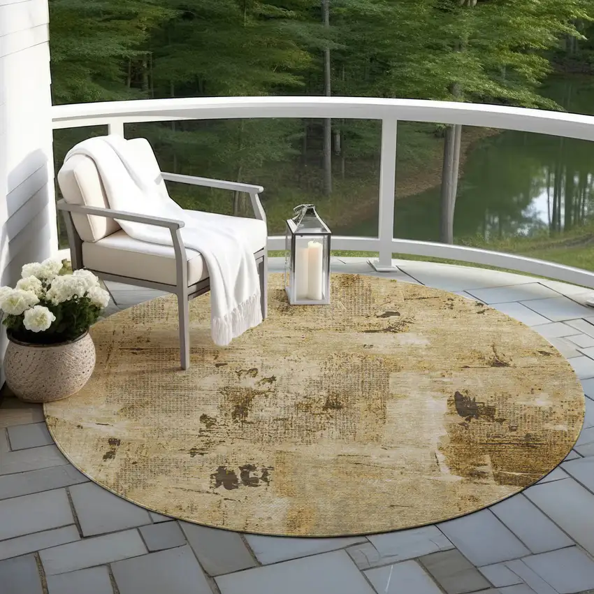 8' Beige And Brown Round Abstract Washable Indoor Outdoor Area Rug Photo 6