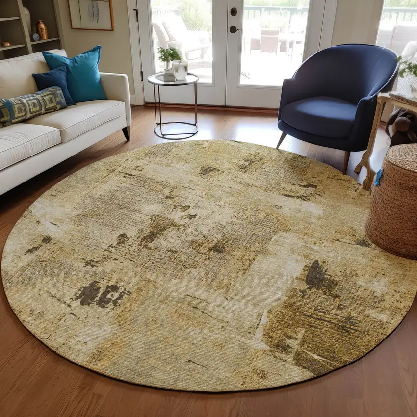 8' Beige And Brown Round Abstract Washable Indoor Outdoor Area Rug Photo 7