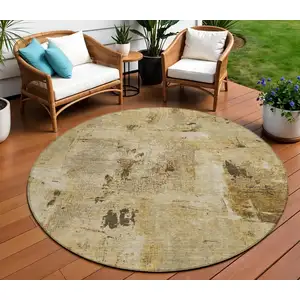 Photo of 8' Beige And Brown Round Abstract Washable Indoor Outdoor Area Rug