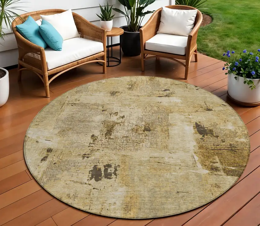 8' Beige And Brown Round Abstract Washable Indoor Outdoor Area Rug Photo 1