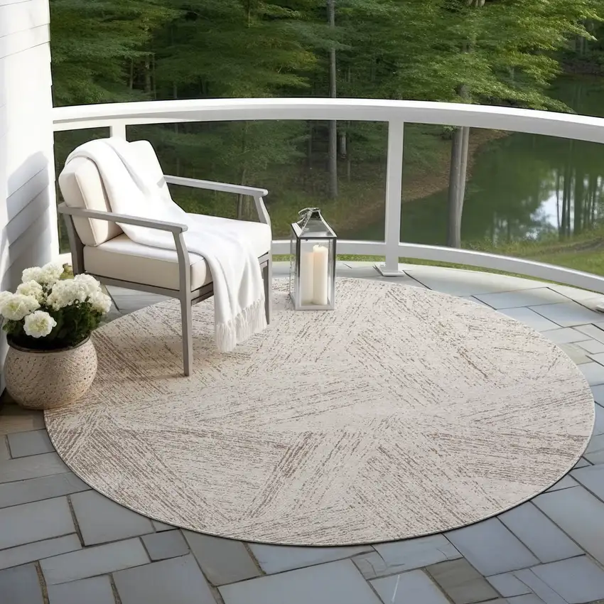 8' Beige And Brown Round Abstract Washable Indoor Outdoor Area Rug Photo 6