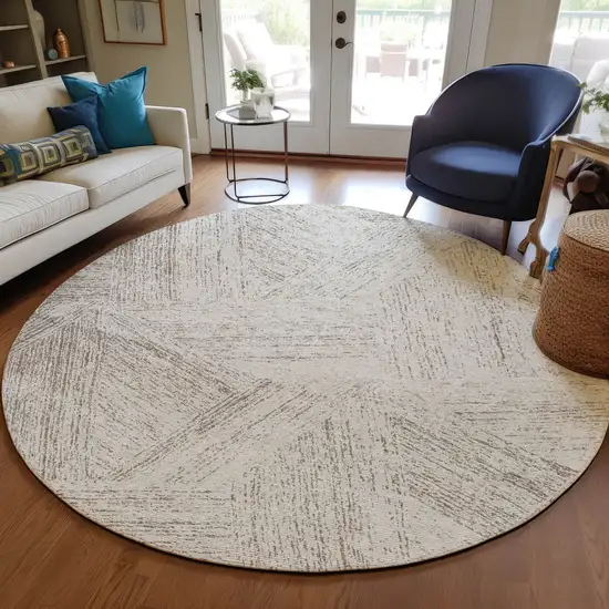 8' Beige And Brown Round Abstract Washable Indoor Outdoor Area Rug Photo 7