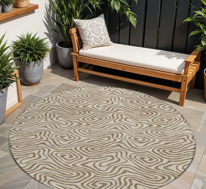 8' Beige And Brown Round Abstract Washable Indoor Outdoor Area Rug Photo 1