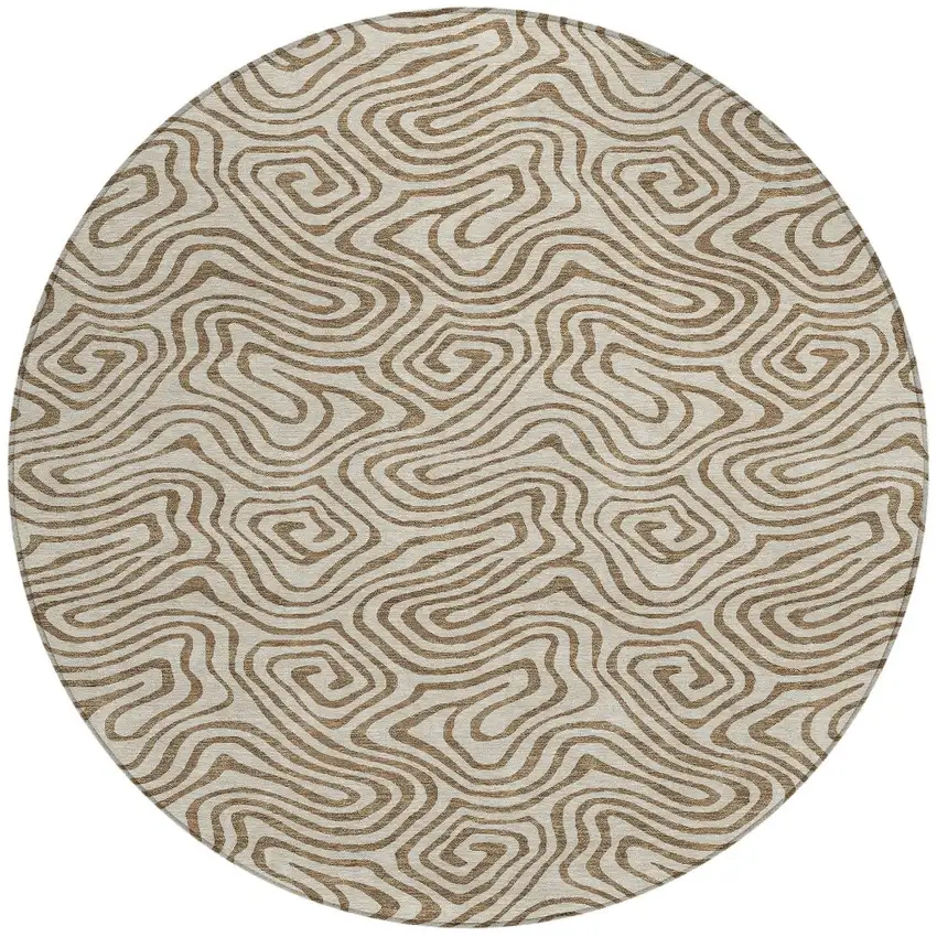 8' Beige And Brown Round Abstract Washable Indoor Outdoor Area Rug Photo 5