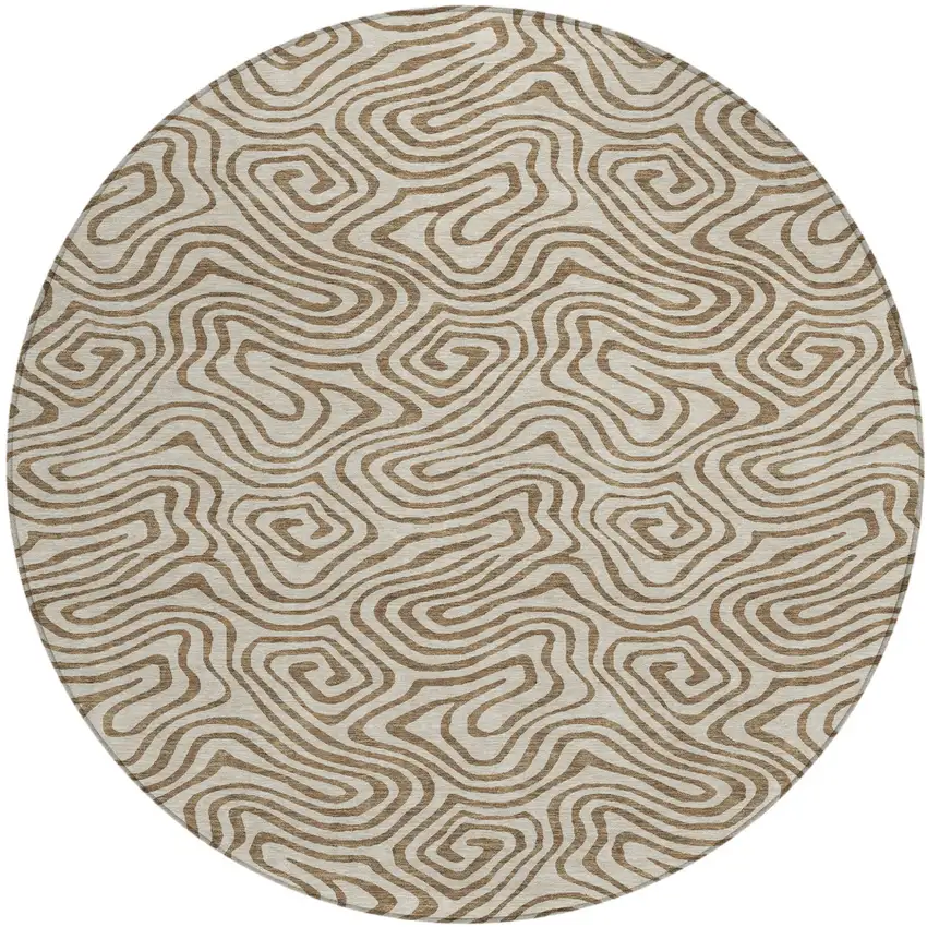 8' Beige And Brown Round Abstract Washable Indoor Outdoor Area Rug Photo 2