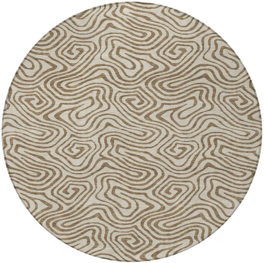 8' Beige And Brown Round Abstract Washable Indoor Outdoor Area Rug Photo 6