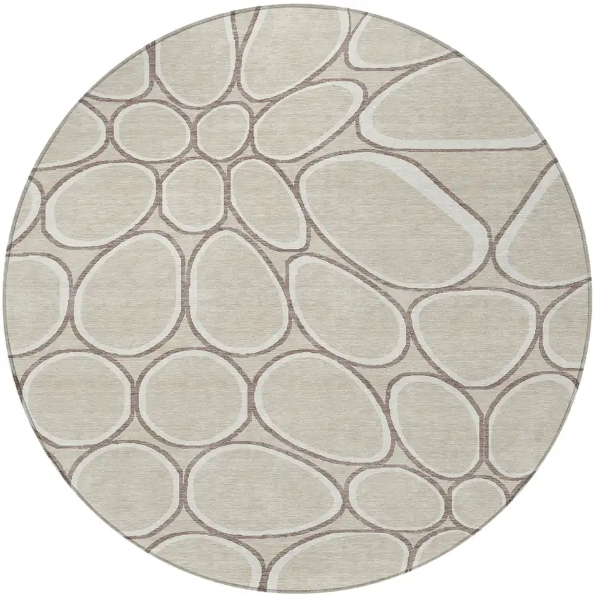 8' Beige And Brown Round Abstract Washable Indoor Outdoor Area Rug Photo 4