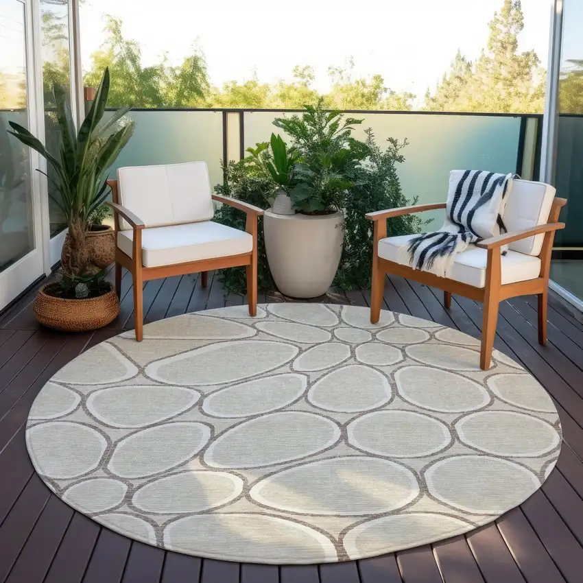 8' Beige And Brown Round Abstract Washable Indoor Outdoor Area Rug Photo 5