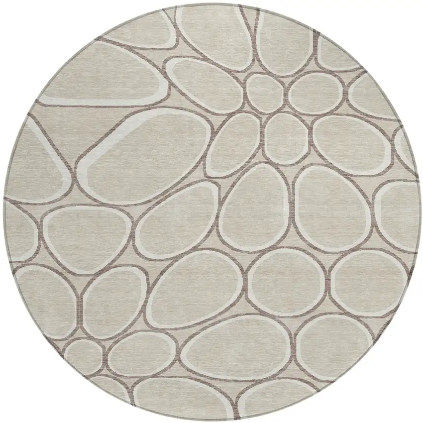 8' Beige And Brown Round Abstract Washable Indoor Outdoor Area Rug Photo 2