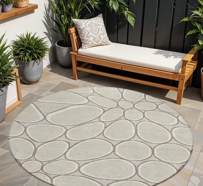 8' Beige And Brown Round Abstract Washable Indoor Outdoor Area Rug Photo 1