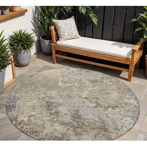 Photo of 8' Beige And Brown Round Abstract Washable Indoor Outdoor Area Rug