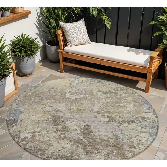 8' Beige And Brown Round Abstract Washable Indoor Outdoor Area Rug Photo 1