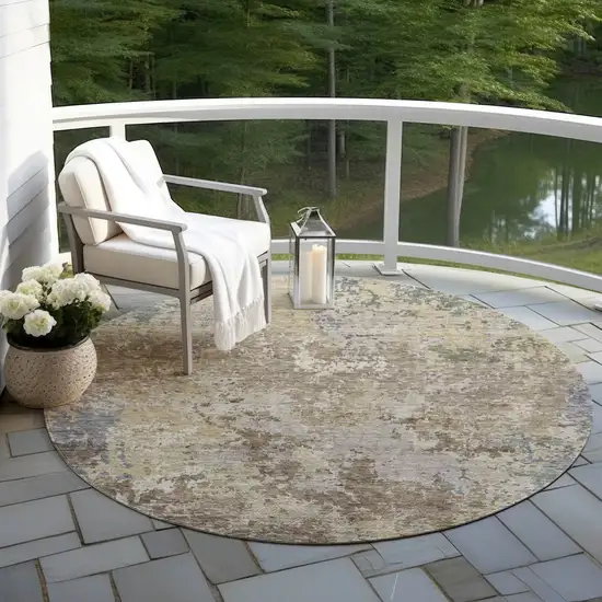8' Beige And Brown Round Abstract Washable Indoor Outdoor Area Rug Photo 6