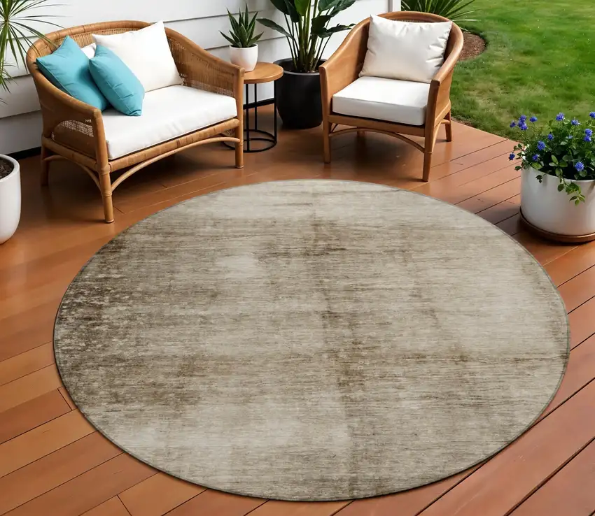 8' Beige And Brown Round Abstract Washable Indoor Outdoor Area Rug Photo 1