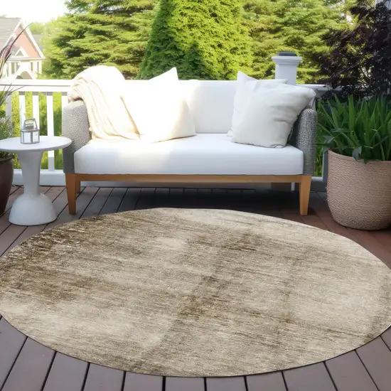 8' Beige And Brown Round Abstract Washable Indoor Outdoor Area Rug Photo 6