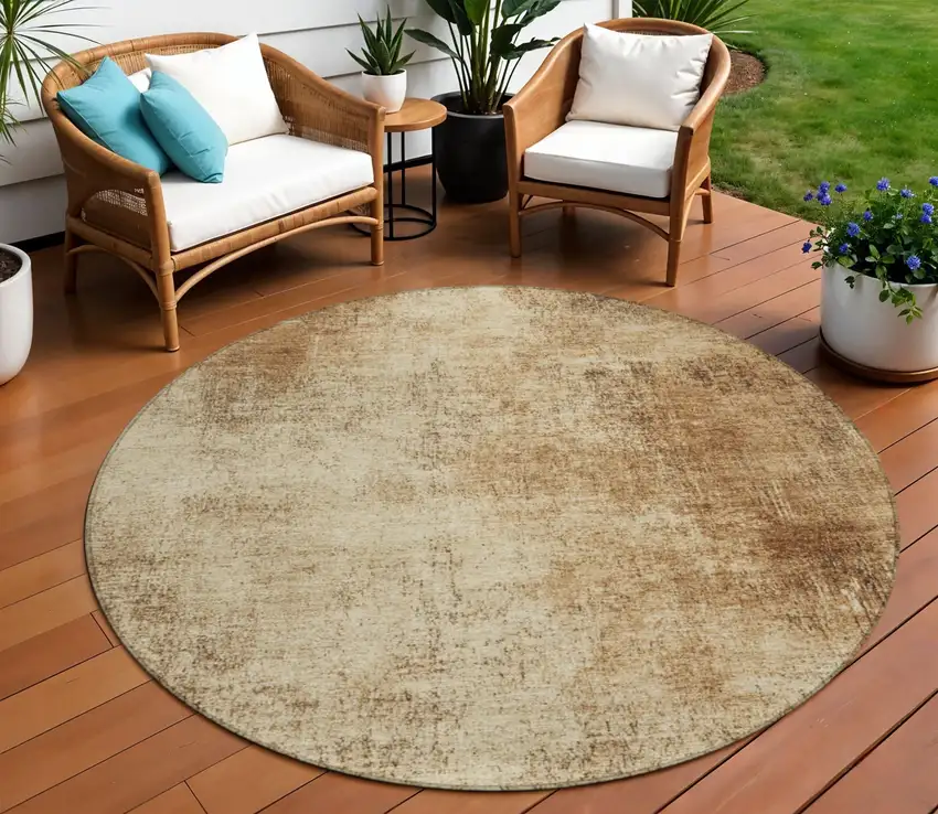 8' Beige And Brown Round Abstract Washable Indoor Outdoor Area Rug Photo 2