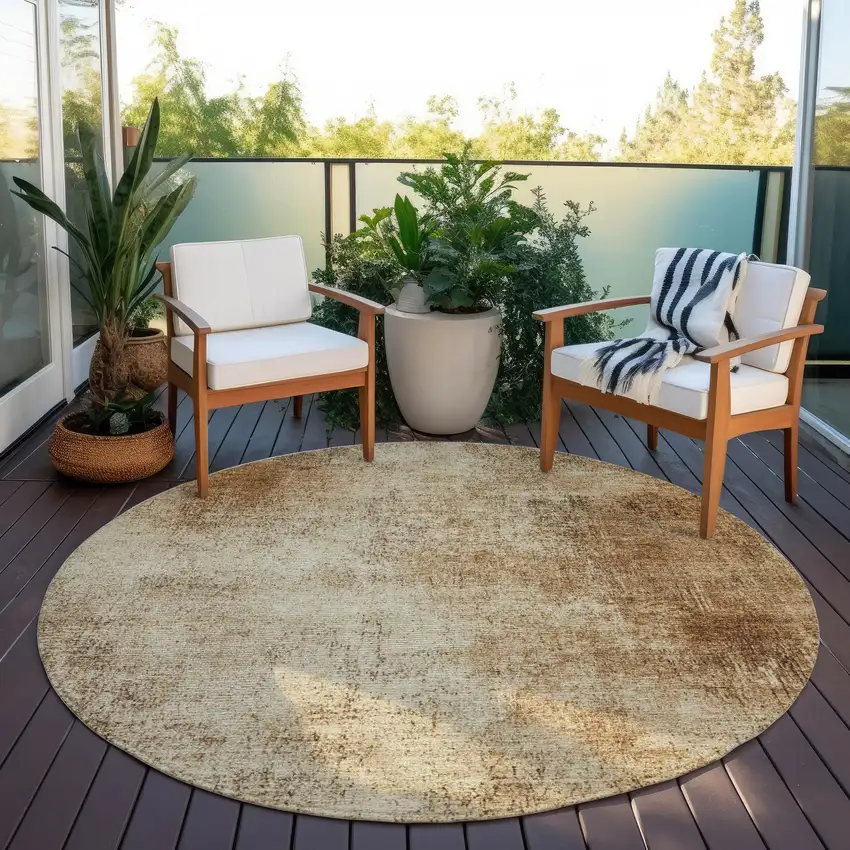 8' Beige And Brown Round Abstract Washable Indoor Outdoor Area Rug Photo 5
