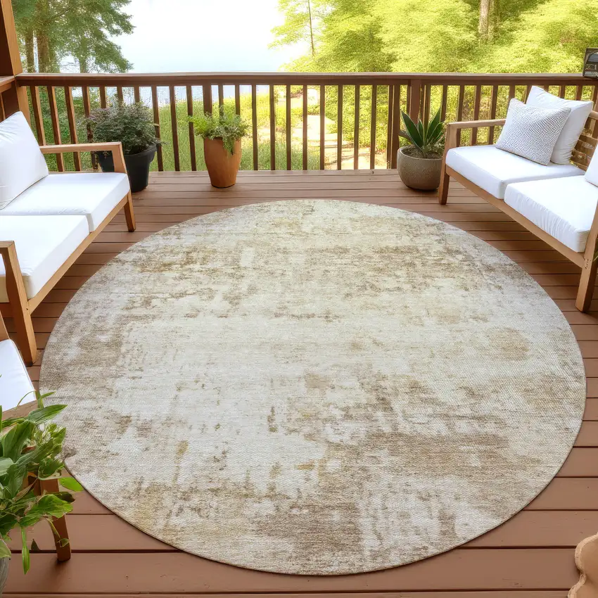 8' Beige And Brown Round Abstract Washable Indoor Outdoor Area Rug Photo 4