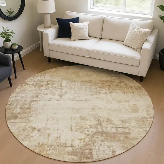 8' Beige And Brown Round Abstract Washable Indoor Outdoor Area Rug Photo 5