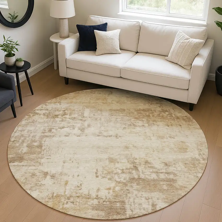 8' Beige And Brown Round Abstract Washable Indoor Outdoor Area Rug Photo 5
