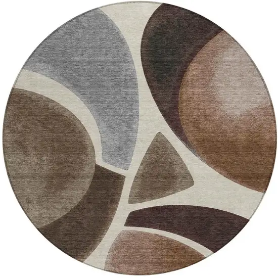 8' Beige And Brown Round Abstract Washable Indoor Outdoor Area Rug Photo 3