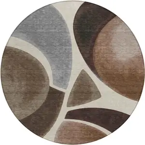 Photo of 8' Beige And Brown Round Abstract Washable Indoor Outdoor Area Rug
