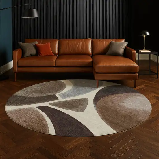 8' Beige And Brown Round Abstract Washable Indoor Outdoor Area Rug Photo 5