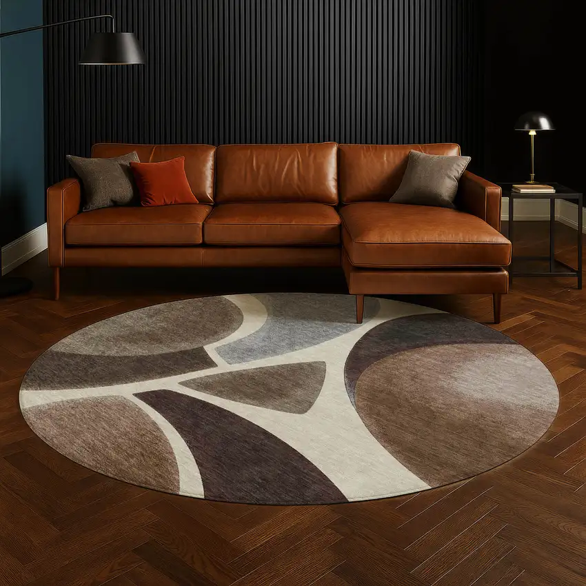 8' Beige And Brown Round Abstract Washable Indoor Outdoor Area Rug Photo 5