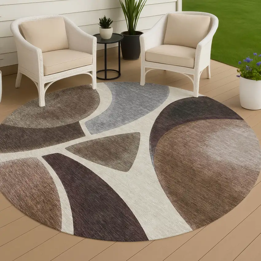 8' Beige And Brown Round Abstract Washable Indoor Outdoor Area Rug Photo 4