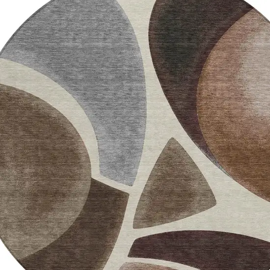 8' Beige And Brown Round Abstract Washable Indoor Outdoor Area Rug Photo 2