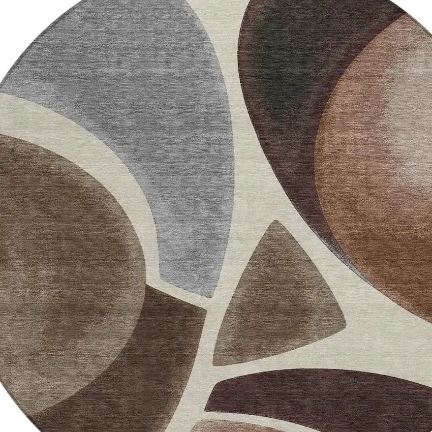 8' Beige And Brown Round Abstract Washable Indoor Outdoor Area Rug Photo 2