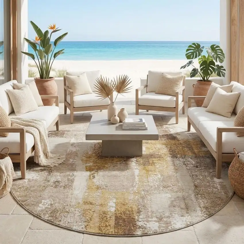 8' Beige And Brown Round Abstract Washable Indoor Outdoor Area Rug Photo 1