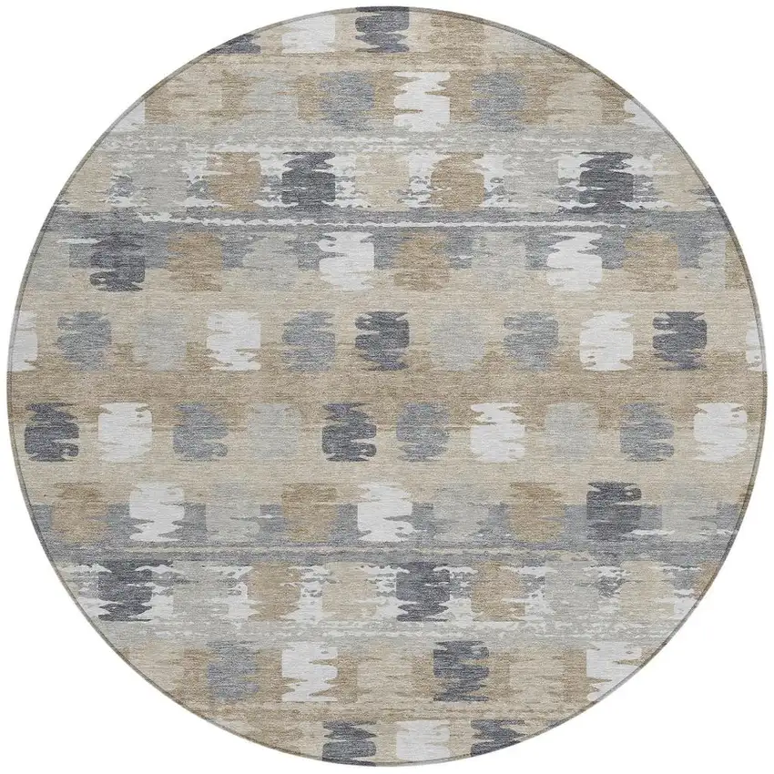 8' Beige And Brown Round Abstract Washable Indoor Outdoor Area Rug Photo 3
