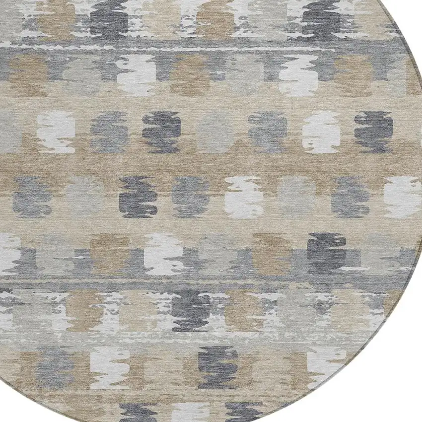 8' Beige And Brown Round Abstract Washable Indoor Outdoor Area Rug Photo 5