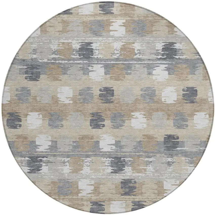 8' Beige And Brown Round Abstract Washable Indoor Outdoor Area Rug Photo 2