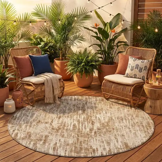8' Beige And Brown Round Abstract Washable Indoor Outdoor Area Rug Photo 1
