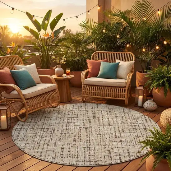 8' Beige And Brown Round Abstract Washable Indoor Outdoor Area Rug Photo 1