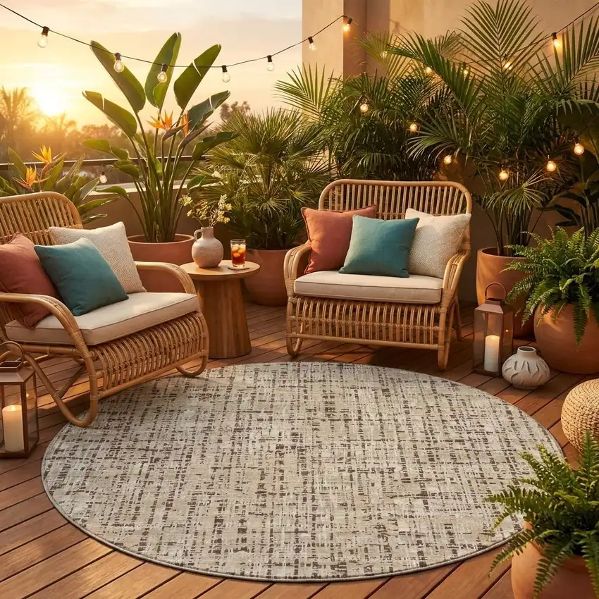 8' Beige And Brown Round Abstract Washable Indoor Outdoor Area Rug Photo 1