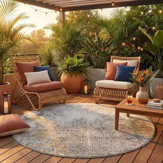 8' Beige And Brown Round Abstract Washable Indoor Outdoor Area Rug Photo 1