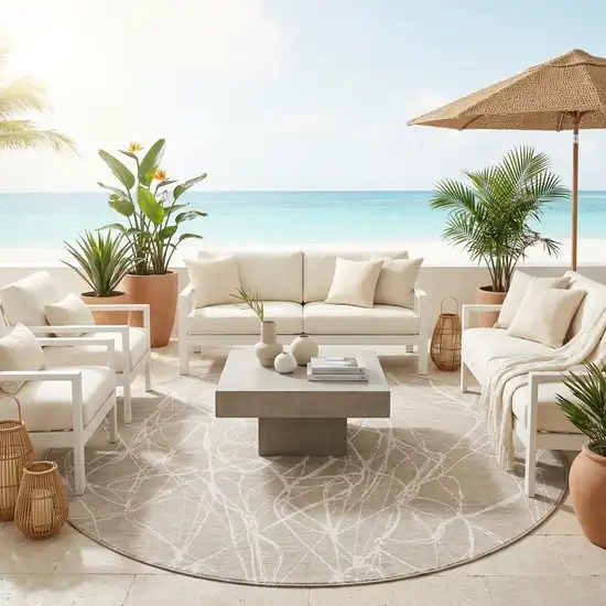 8' Beige And Brown Round Abstract Washable Indoor Outdoor Area Rug Photo 1