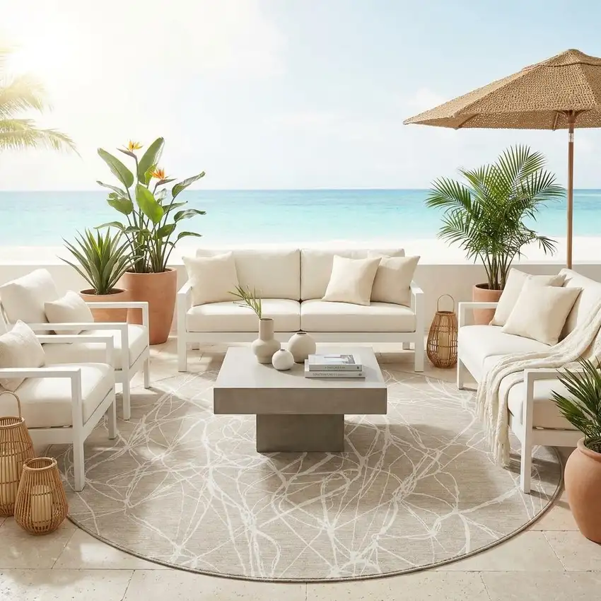 8' Beige And Brown Round Abstract Washable Indoor Outdoor Area Rug Photo 1