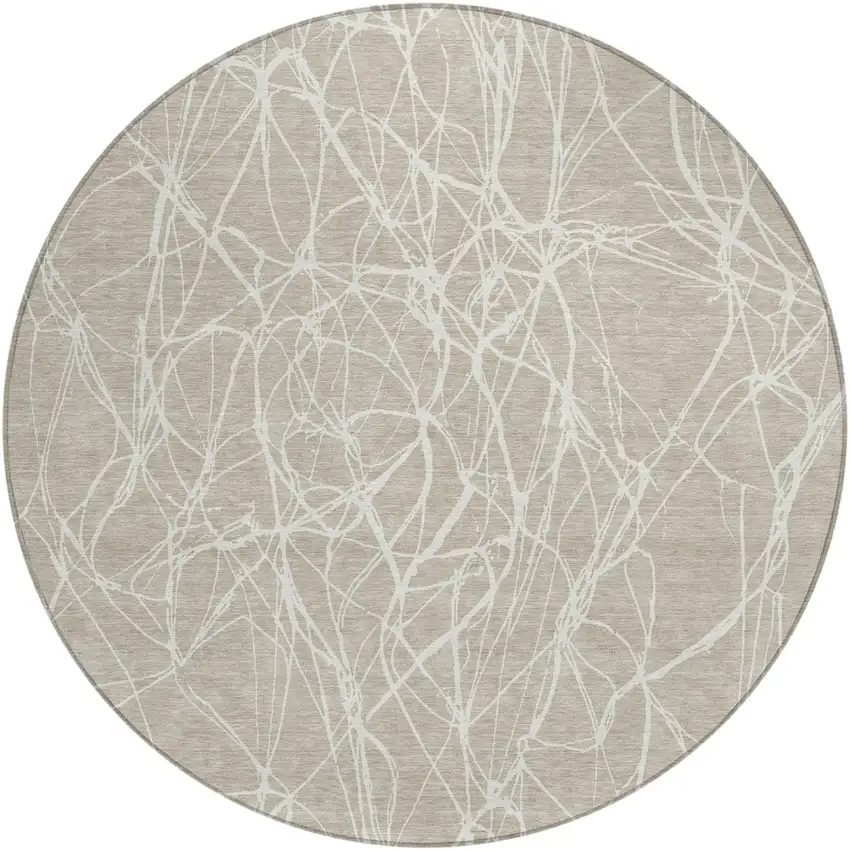 8' Beige And Brown Round Abstract Washable Indoor Outdoor Area Rug Photo 2