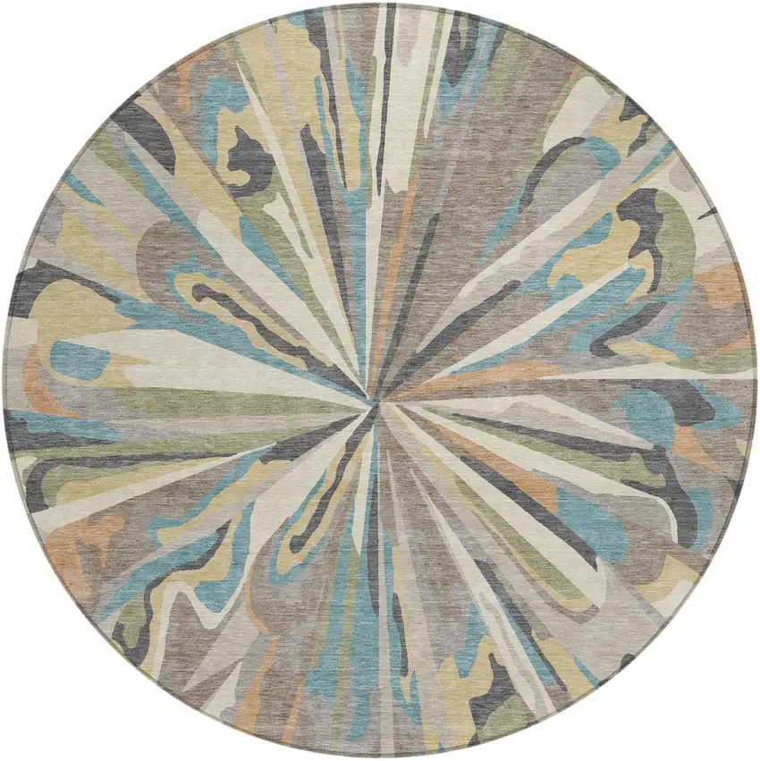 8' Beige And Brown Round Abstract Washable Indoor Outdoor Area Rug Photo 2