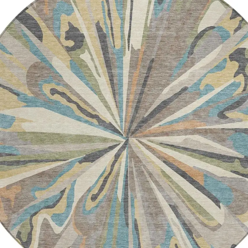 8' Beige And Brown Round Abstract Washable Indoor Outdoor Area Rug Photo 5