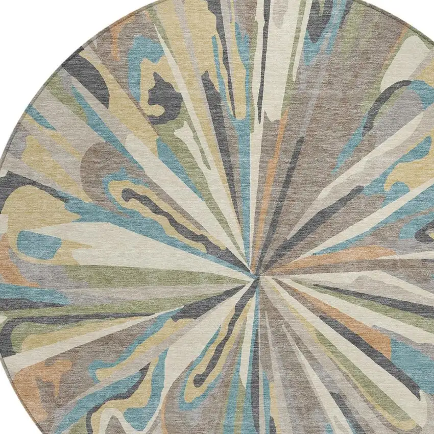8' Beige And Brown Round Abstract Washable Indoor Outdoor Area Rug Photo 4