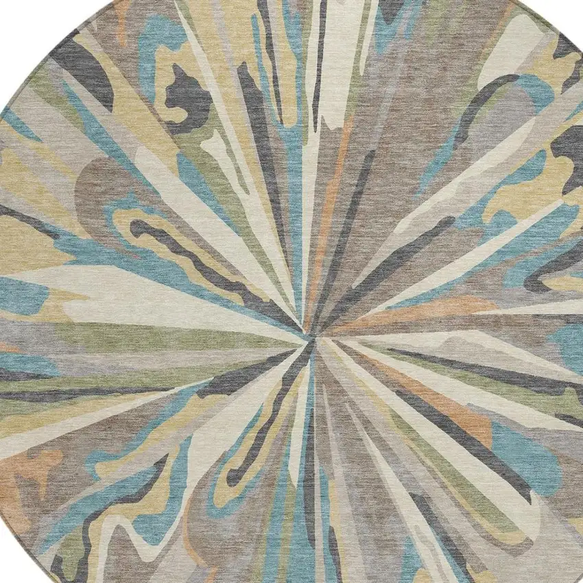 8' Beige And Brown Round Abstract Washable Indoor Outdoor Area Rug Photo 6