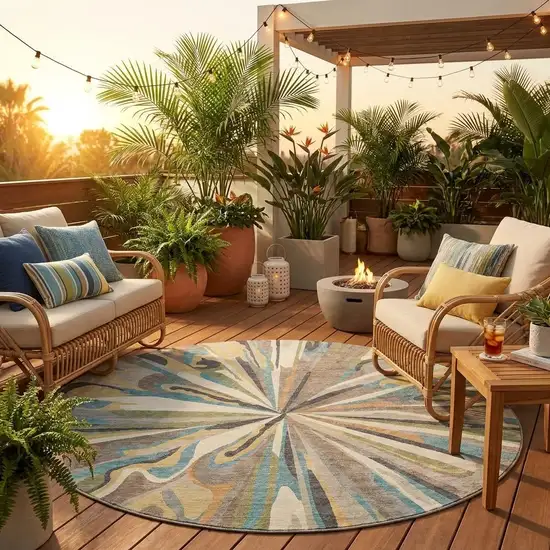 8' Beige And Brown Round Abstract Washable Indoor Outdoor Area Rug Photo 1